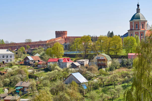 View of the Smolensk fortress, impregnable bastion, reliably def Smolensk fortress wall or Smolensk Kremlin, a defensive structure of red brick with towers and loopholes. Architectural monument def picture photos stock pictures, royalty-free photos & images