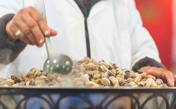 boiled snails at a street market in marrakech or marrakesh man cooking snails in morocco - escargot snail seafood freshness imagens e fotografias de stock