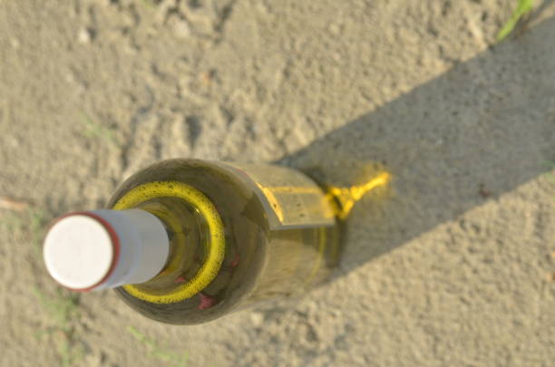 Closed green bottle of white wine throws long shadow on sand of beach. Directly above shot. Copy space.