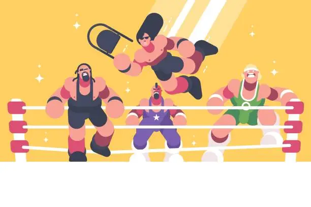 Vector illustration of Strong and powerful wrestlers in ring