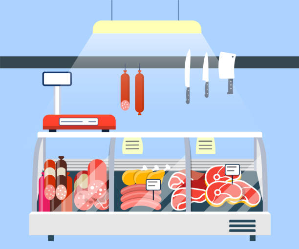 Meat Stand in Supermarket, Meat Display Refrigerator Showcase vector illustration Meat Stand in Supermarket, Meat Display Refrigerator Showcase vector illustration. eps 10 legs against the wall stock illustrations