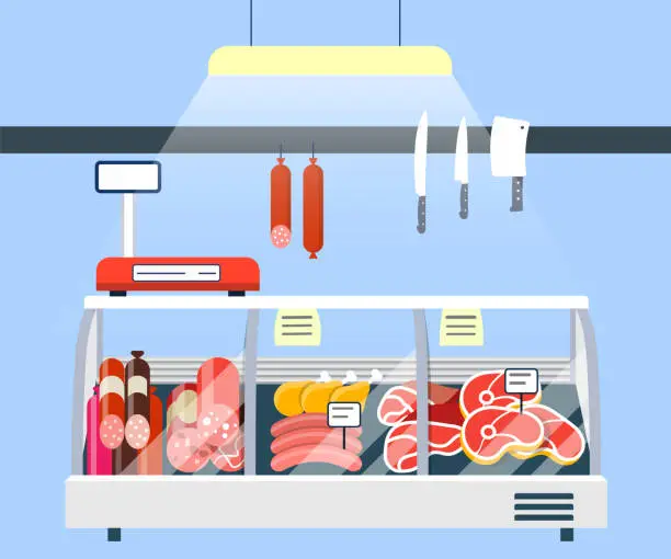 Vector illustration of Meat Stand in Supermarket, Meat Display Refrigerator Showcase vector illustration