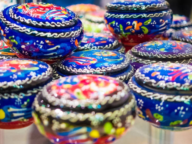 istock Handmade colorful Turkish ceramic plates on market. 966315032