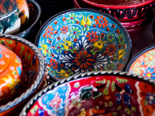Handmade colorful Turkish ceramic plates on market.