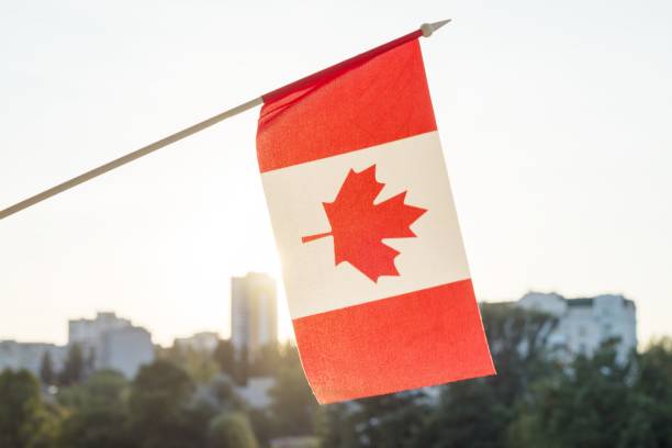 istock Flag of Canada from window, on sunset background 966318828