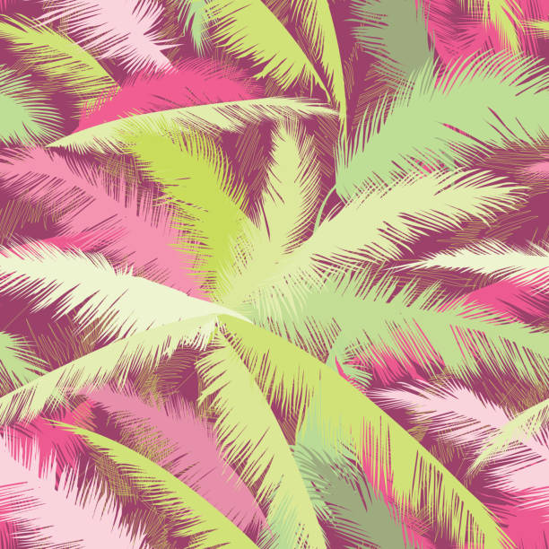 ilustraciones, imágenes clip art, dibujos animados e iconos de stock de patrón floral. hojas de palmera. textura transparente de verano - tree wind palm tree hawaii islands