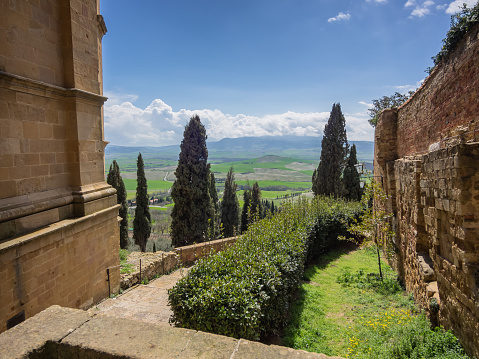 Scenic city walls in medieval town of Pienza, Tuscany Italy