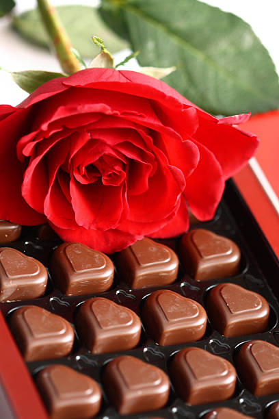 Red rose and chocolate hearts stock photo