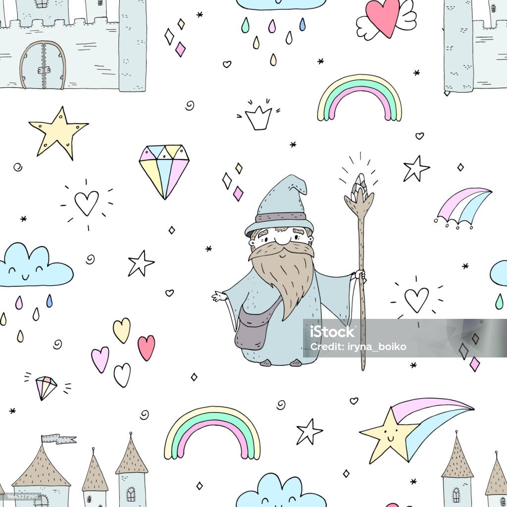 Cute Hand Drawn Seamless Pattern With Wizard Vector Print Stock ...