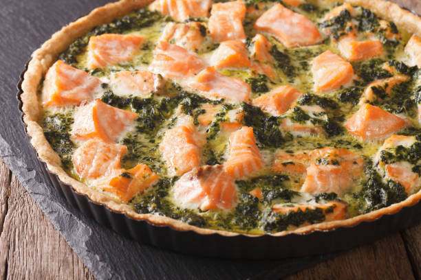 istock pie with salmon, cream and spinach in baking dish close up. horizontal 966338314