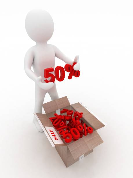 3d man holds a 50% discount stock photo