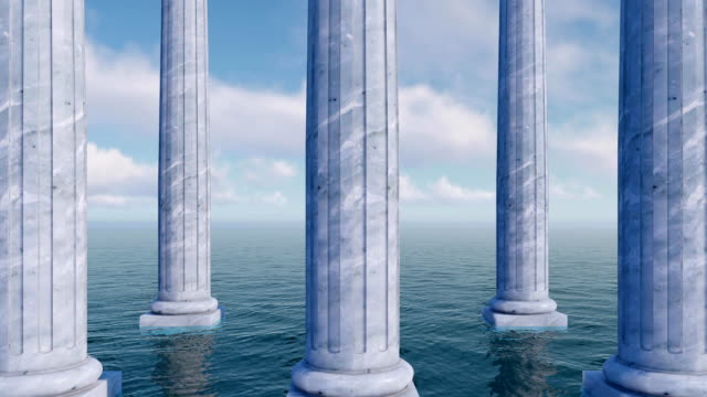 Classic antique columns among sea 3D concept