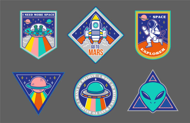 Set patches or sticker on space topic Colorful set icons with patches stickers on topic space explore alien ufo spaceship mars astronaut. Modern vector style mascot logo trendy print for clothes t shirt sweatshirt poster. astronaut borders stock illustrations