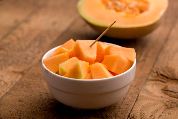 istock muskmelon cubes in a bowl 966346104