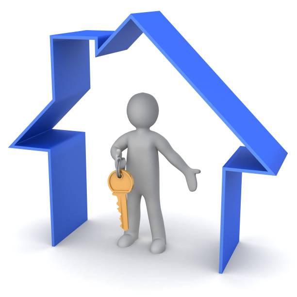 Presentation of new house. 3d man holds the key, and is within the blue icon house stock photo