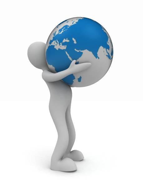 3D man holding a globe of the Earth stock photo