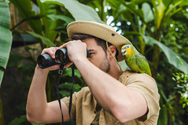 istock attractive young man with parrot on shoulder looking through binoculars in jungle 966346518