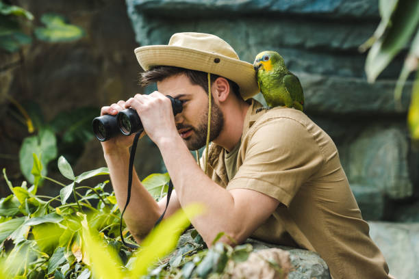 istock handsome young man with parrot on shoulder looking through binoculars in jungle 966347248