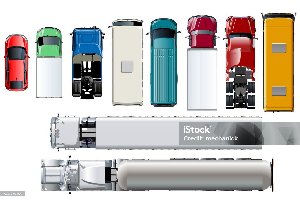 Vector transport top view. Isolated realistic vehicles set on white background. Vector transport top view. Isolated realistic vehicles set on white background. Available EPS-10 separated by groups and layers with transparency effects for one-click repaint. High Angle View stock vector