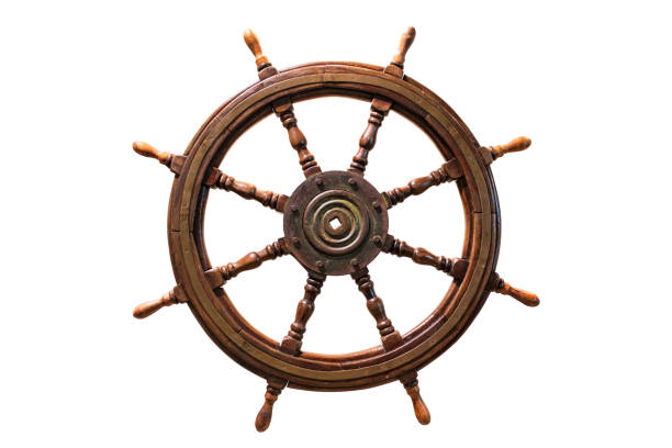 vintage ship wheel made of wood. isolated on white background. - sea water single object sailboat imagens e fotografias de stock