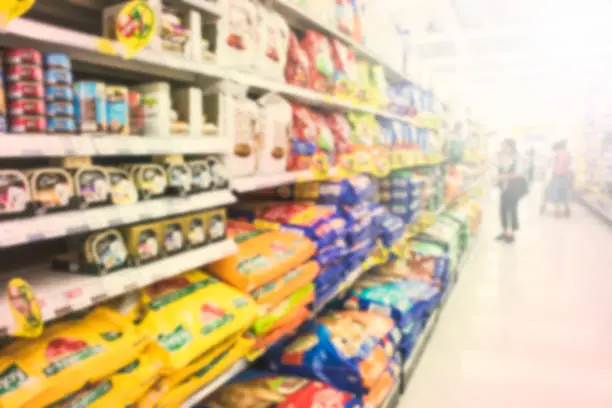 Photo of Blurred, Various brand of food pet in packaging for sale on supermarket stand or shelf