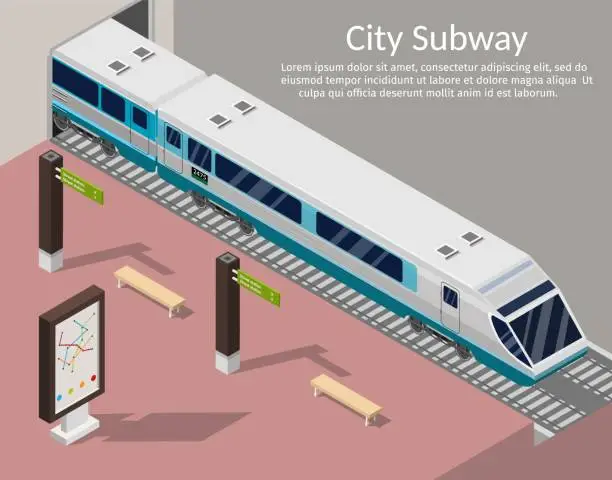 Vector illustration of Isometric low poly Subway station platform set with train, underground and inside the railway, metro wagon.