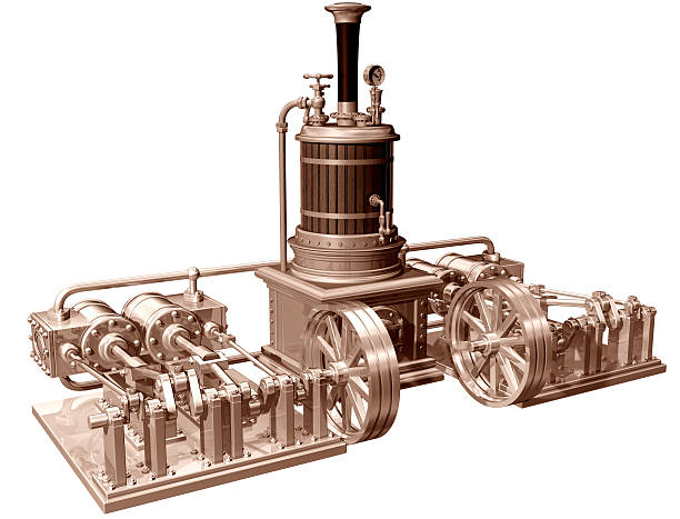 Four cylinder steam engine and boiler stock photo