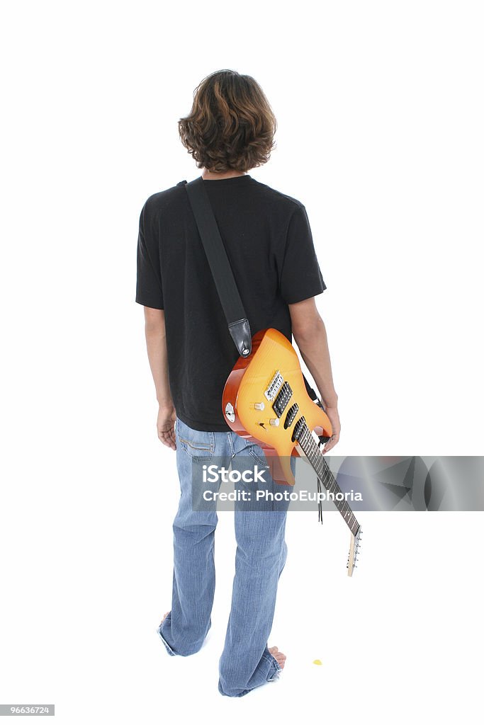 Back Side Of Teen Boy With Electric Guitar Over White  Above Stock Photo