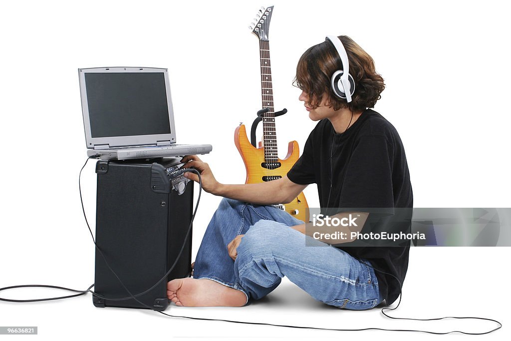 Junge Teenager mit E-Gitarre Amp und Laptop - Lizenzfrei Kind Stock-Foto
