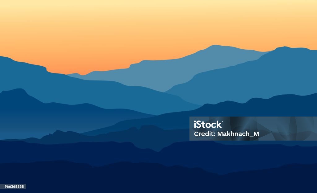 Paisaje con Crepúsculo en montañas azules - arte vectorial de Montaña libre de derechos