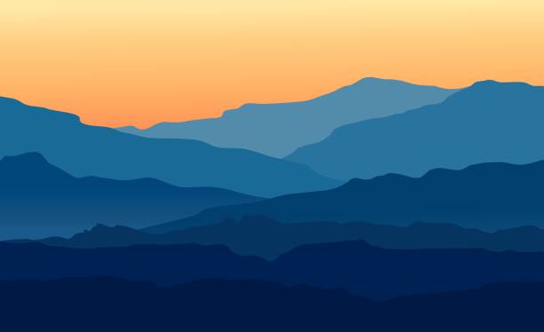 Landscape with twilight in blue mountains Vector landscape with blue silhouettes of mountains and hills with beautiful orange evening sky. Huge mountain range silhouettes in twilight. Vector hand drawn illustration. mountain stock illustrations