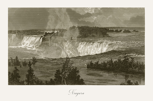 Very Rare, Beautifully Illustrated Antique Engraving of Niagara Falls, Niagara Falls, New York, Niagara Falls, Ontario, American Victorian Engraving, 1872. Source: Original edition from my own archives. Copyright has expired on this artwork. Digitally restored.