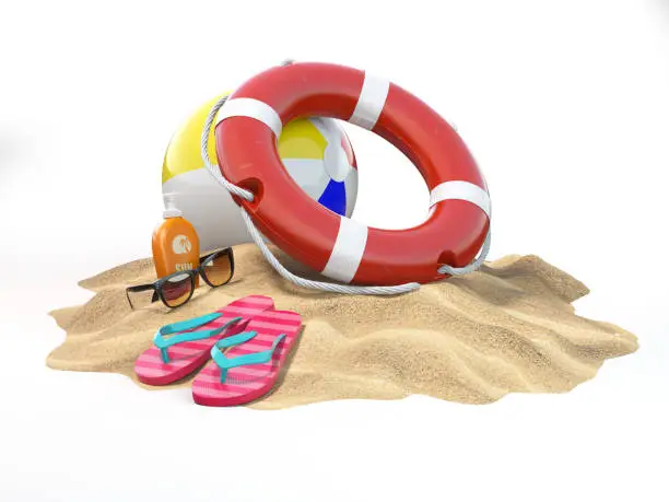 Small island with lifebelt ball and flipflops. Summer trip vacation security concept. 3d illustration