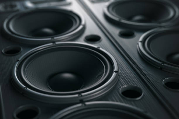 istock Multimedia  acoustic sound speaker system. Music close up black background. 966379368