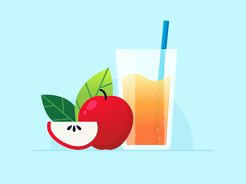 Apple Juice in Glass with Red Apple. Flat Design Style.