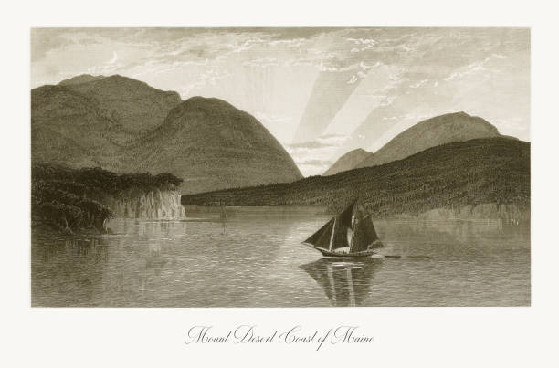 Very Rare, Beautifully Illustrated Antique Engraving of Mount Desert Island, Maine, United States, American Victorian Engraving, 1872. Source: Original edition from my own archives. Copyright has expired on this artwork. Digitally restored.