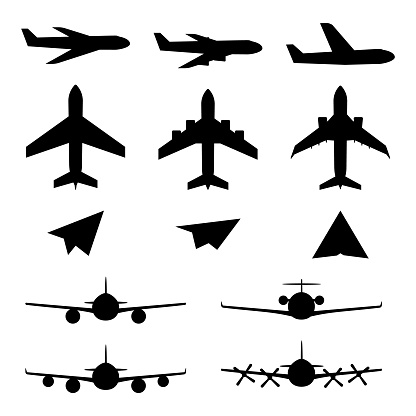 Set of plane icons. Jet airplanes, paper wings. Personal and charter jetliner. Cargo and passenger airliner. Propeller jet