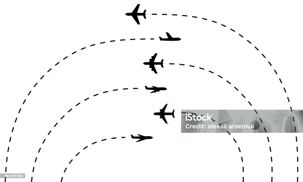 Set of plane icons and their tracks Set of plane icons and their arc tracks Airplane stock vector