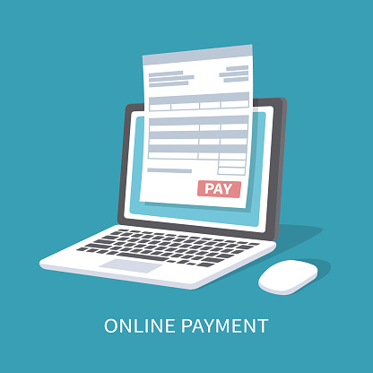 Online payment service. Document form on the laptop screen with a pay button. Vector illustration isolated.