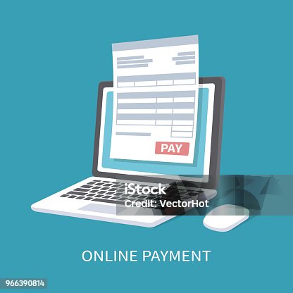 istock Online payment service. Document form on the laptop screen with a pay button. 966390814