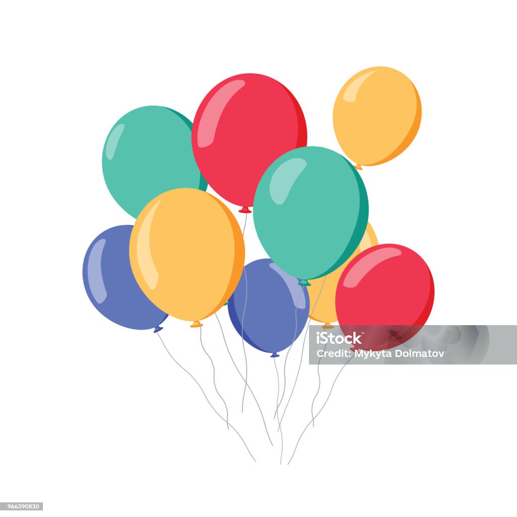 Пучок  воздушных шаров, группа мяч с лентой изолированы на белом фоне. колоритный. С Днем Рождения, праздники, вечеринка концепции. - Векторная графика Воздушный шарик роялти-фри