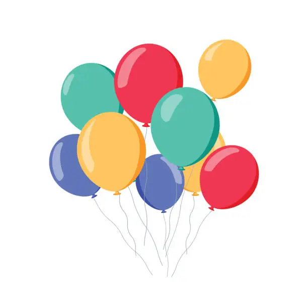 Vector illustration of Bunch of air balloons, group of ball with ribbon isolated on white background. Colorful. Happy Birthday, holidays, party concept.