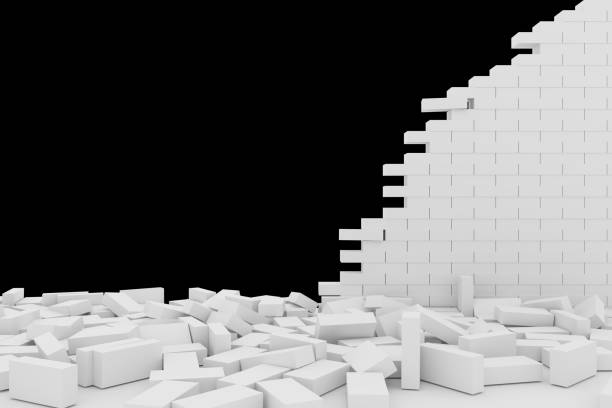 istock 3D rendering Destruction of a white brick wall on black background 966391600