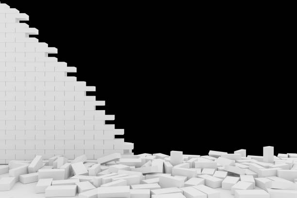 istock 3D rendering Destruction of a white brick wall on black background 966391670