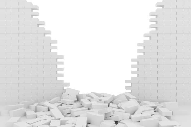 istock 3D rendering Destruction of a white brick wall on white background 966393802
