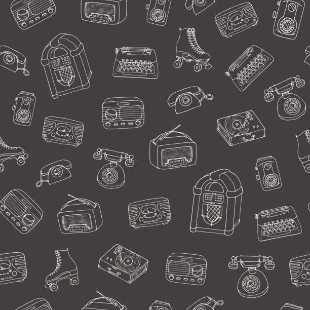 Vector illustration of Vector retro seamless pattern with old tech, juke box, radio, typewriter, roller skates and vinyl record player outline on the blacboard background.