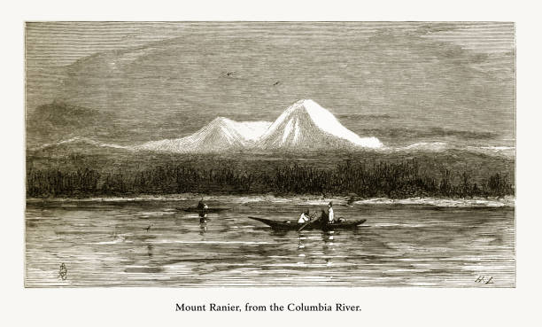 Mount Ranier, from the Columbia River, Washington, United States, American Victorian Engraving, 1872 Very Rare, Beautifully Illustrated Antique Engraving of Mount Ranier, from the Columbia River, Washington, United States, American Victorian Engraving, 1872. Source: Original edition from my own archives. Copyright has expired on this artwork. Digitally restored. mt rainier stock illustrations