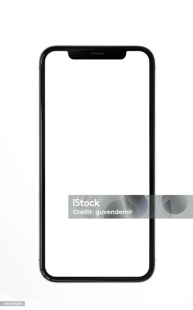 Nueva maqueta de moderno smartphone sin marco con pantalla en blanco aislado en fondo blanco - Foto de stock de Teléfono inteligente libre de derechos