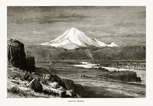 Very Rare, Beautifully Illustrated Antique Engraving of Mount Hood, Oregon, United States, American Victorian Engraving, 1872. Source: Original edition from my own archives. Copyright has expired on this artwork. Digitally restored.