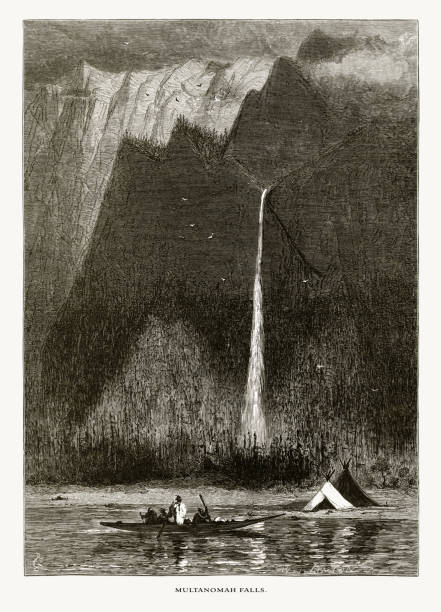 Very Rare, Beautifully Illustrated Antique Engraving of Multnomah Falls, Oregon, United States, American Victorian Engraving, 1872. Source: Original edition from my own archives. Copyright has expired on this artwork. Digitally restored.